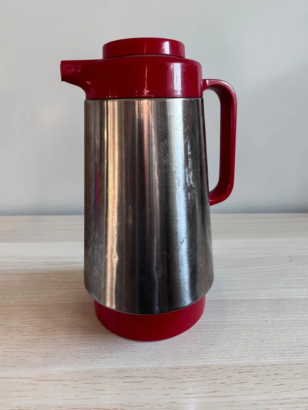 Vintage Corning Thermatique Stainless Steel and Red Plastic Coffee Carafe